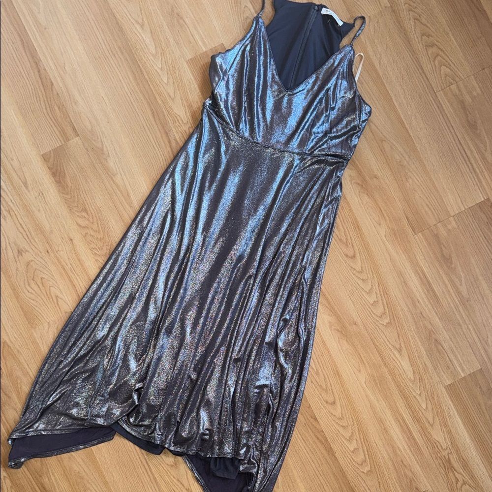 Halston Heritage Metallic Dress Midi Sleevless Size 4 Cocktial Party V Neck - Picture 2 of 8